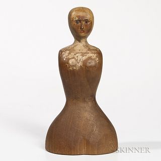 Carved Female Head and Torso, 19th century, with carved and painted facial details, exaggerated lower torso, ht. 9 1/4 in.