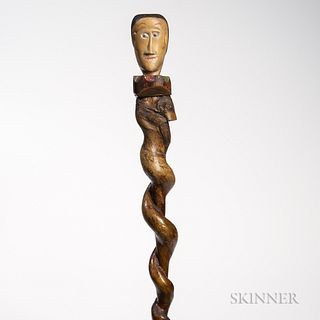 Carved and Polychrome Painted Staff with Head, possibly South Carolina, late 19th century, the top with carved head and elongated face