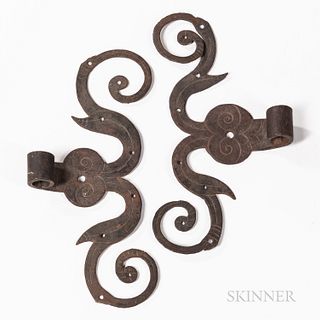 Pair of Decorated Wrought Iron Scroll-form Hinges, possibly Pennsylvania, 19th century, lg. 12 3/4 in.