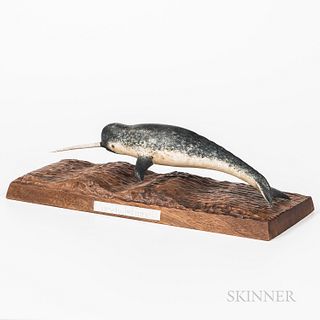 Carved and Painted Figure of a Narwhal, Frank Finney, Virginia, late 20th century, with carved and painted realistic detail and spiral-