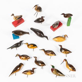 Eighteen Carved and Painted Miniature Bird Figures, America, c. 1920, including raptors, wading birds, ducks, and other gamebirds, all