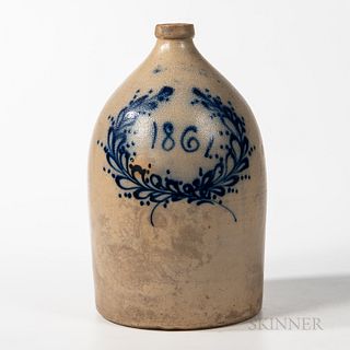 Large Cobalt-decorated "1861" Stoneware Jug, Bennington, Vermont, c. 1861, with faint impressed mark, the date surrounded by a wreath,