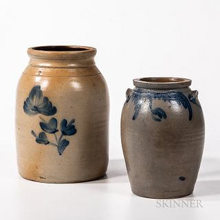 Two Cobalt-decorated Stoneware Jars, Pennsylvania, mid-19th century, the larger with straight sides and rounded shoulder impressed "2"