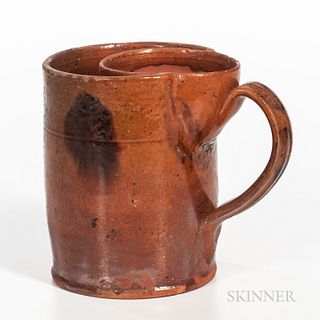 Glazed Redware Shaving Mug, New England, 19th century, straight sides with divided interior and applied strap handle, lead glazed with