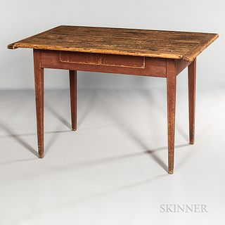 Red-painted Table, New England, c. 1800, the rectangular breadboard end top overhangs a straight apron with drawer joining square taper