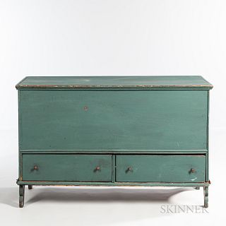 Painted Pine Chest over Two Drawers, Merrimack Valley, New Hampshire, 18th century, the molded lift-top above a single arch-molded case