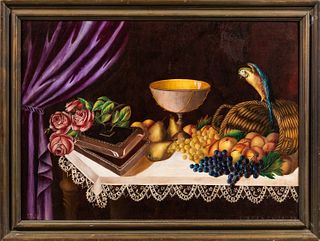 American School, Late 19th Century, Tabletop Still Life with Fruit, Flowers, and Compote, Signed "V. Petrie" l.l., Condition: Scattered
