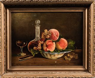 American School, 19th Century, Still Life with Peaches and a Decanter, Unsigned., Condition: Losses, craquelure., Oil on canvas, 13 1/2
