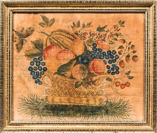 Watercolor Basket of Fruit and Butterfly Theorem on Velvet, New England, early 19th century, in a period gilt molded frame, (toned, sma