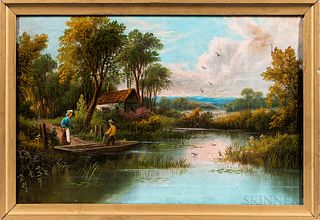 American School, 19th Century, Going Fishing, Signed indistinctly l.l., Condition: Two small patch repairs., Oil on canvas, 12 x 18 in.