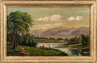 American School, 19th Century, New England Landscape with Lake and Mountains, Unsigned., Condition: Laid down on Masonite., Oil on canv