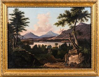 American School, 19th Century, Mountain Landscape, Possibly a New Hampshire View, Unsigned., Condition: Two repaired tears, minor inpai