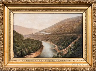 American School, 19th Century, Train Along the River, Indistinctly signed and dated "1900" l.r., Condition: Two punctures., Oil on canv
