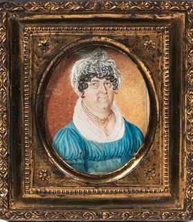 Anglo-American School, 19th Century, Portrait Miniature of a Woman in a Blue Dress, Unsigned., Condition: Abrasions to right edge, spot