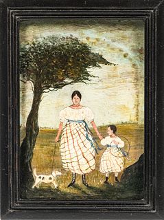 American School, 19th Century, Mother and Child with Their Dog Under a Tree, Unsigned., Condition: Surface grime., Oil on board, 5 1/2