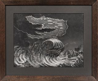 American School, Mid-19th Century, Shipwreck, Unsigned., Charcoal and chalk on sandpaper, 9 3/4 x 12 3/4 in., matted in a modern walnut