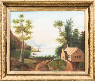 American School, 19th Century, House in a Mountainous Landscape, Unsigned., Pastel on paper, depicting a man in a rowboat and an Americ
