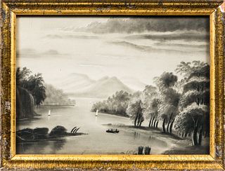 American School, 19th Century, Hudson River Bird's-eye View, Unsigned., Charcoal and chalk on sandpaper, 7 1/4 x 10 in., in a period gi
