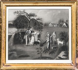 American School, 19th Century, A Wayside Meeting at the Gate, Unsigned., Charcoal and chalk on sandpaper, 8 1/2 x 10 1/4 in., in a gilt