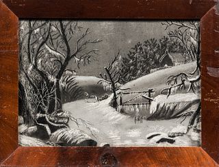 American School, 19th Century, Winter Scene, Unsigned., Charcoal and chalk on sandpaper, 9 1/2 x 13 1/2 in., in a mahogany veneer frame