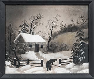American School, 19th Century, Shoveling Snow, Unsigned., Charcoal and chalk on sandpaper, 13 x 15 3/4 in., framed.