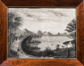 American School, 19th Century, Road Along the Hudson, Unsigned., Condition: Minor scratches., Charcoal and chalk on sandpaper, 15 x 20