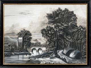 American School, 19th Century, Hilly Landscape with Bridge and Distant Castle, Unsigned., Charcoal and chalk on sandpaper, 21 x 28 1/2