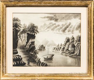 American School, 19th Century, Hudson River Landscape, Unsigned., Charcoal and chalk on sandpaper, 8 1/2 x 11 in., in a gilt molded fra