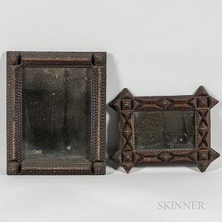 Two Small Tramp Art Mirrors, America, early 20th century, the frames of layered construction with sawtooth carving and triangle, circle