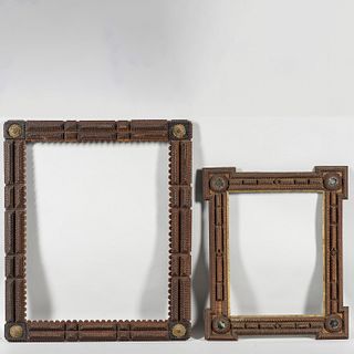 Two Large Tramp Art Frames, America, early 20th century, layered construction with sawtooth carving, the largest with gold-painted circ
