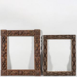 Two Elaborate Tramp Art Frames, America, early 20th century, layered construction with sawtooth carving, one with diamond and circle la