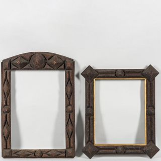 Two Tramp Art Frames, America, early 20th century, layered construction with sawtooth carving, one with pyramid corners and cones on th