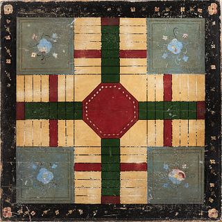 Large Paint-decorated Parcheesi Game Board, c. 1900, with floral motifs, (paint wear), 24 x 24 in.