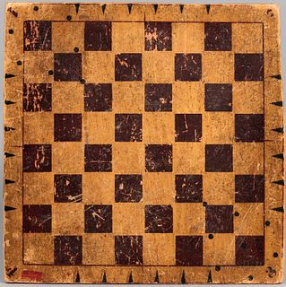 Painted Game Board, late 19th/early 20th century, painted overall in a pale yellow with contrasting playing surface of maroon squares b