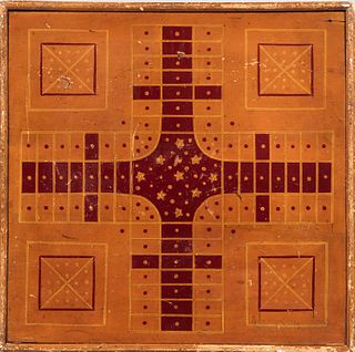 Paint-decorated Double-sided Game Board, America, late 19th century, checkers and Parcheesi, (minor paint wear), 17 x 17 1/2 in.