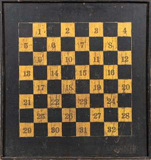 Yellow- and Black-painted Checkerboard with Stenciled Numerals, late 19th/early 20th century, 20 x 21 in.
