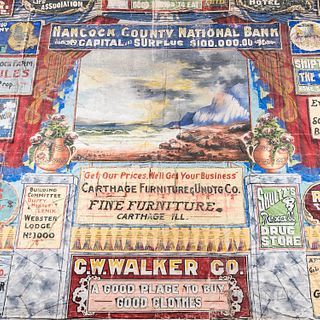 Large Painted Canvas Vaudeville Advertising Curtain, c. 1909, central seascape painting dated "1909," surrounded by eighteen advertisin