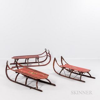 Three Paint-decorated Child's Sleds, America, late 19th century, one painted red with freehand painted pansies and stenciled designs, o