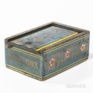 Blue-painted and Paint-decorated Slide-lid Box, New England, first half 19th century, with yellow pinstriping, gilt and polychrome flow