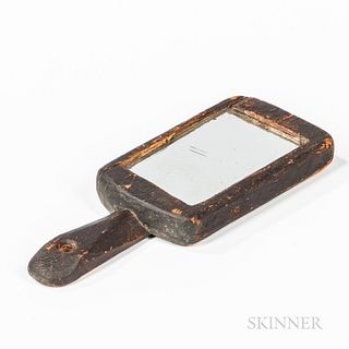 Dark Red/brown Hand Mirror, late 18th/early19th century, with shaped handhold and rectangular frame with mirror glass, old surface, (im