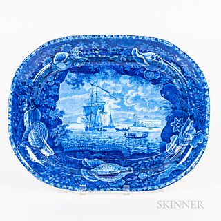 Staffordshire Blue Transfer-decorated "Gold Coast" Platter, Enoch Wood and Sons, Burslem, England, 19th century, showing the famous coa