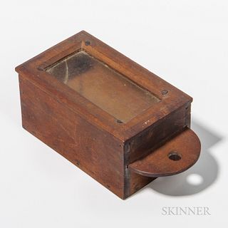 Wood and Glass Compartmented Box, America, 19th century, the lift-off window lid opening to a shallow compartment with a slide-out divi