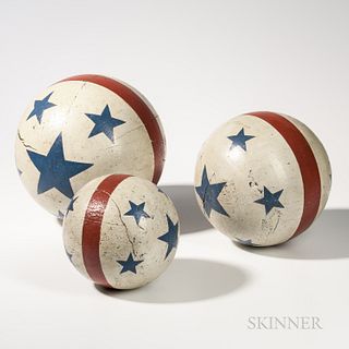 Set of Three Stars- and Stripes-painted Wooden Circus Balls, late 19th century, the graduated balls with blue stars and red circumferen