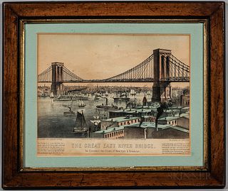 Lithograph Print The Great East River Bridge, Currier & Ives, New York, 1872, framed, ht. 9 3/4, wd. 12 1/4 in. (sight).