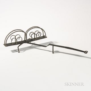 Wrought Iron Toaster, 19th century, the toaster rack with twisted iron frame and scroll supports, handle with heart terminal, (two scro