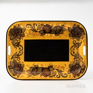 Gilt and Polychrome Decorated Tray, reportedly Concord, Massachusetts, the rectangular tray with rounded corners and elaborate border i