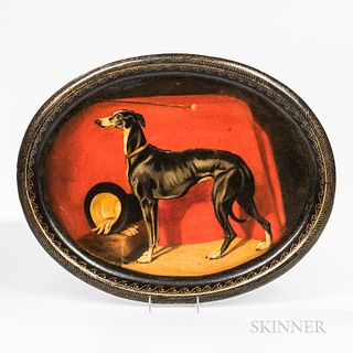 Polychrome Decorated Papier-mache Oval Tray Depicting the Greyhound Eos, England, mid-19th century, Eos standing proudly in front of a