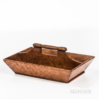 Bird's-eye Maple Cutlery Box, 19th century, the canted box with pierced divider and turned handle, old refinish, ht. 5, lg. 13, dp. 8 3