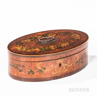 Neoclassical Paint-decorated Oval Satinwood Veneer Box, probably England, 19th century, decorated throughout with polychrome floral gar