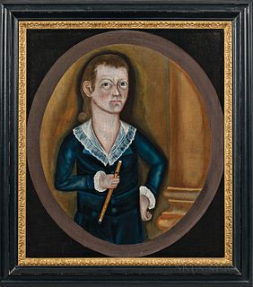 Rufus Hathaway (Massachusetts, 1770-1822), Portrait of a Boy with a Fife, Unsigned., Condition: Relined, repaired vertical tear in canv